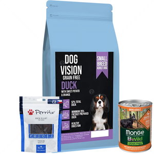 Комплект DOG VISION Adult Small Duck 2 кг + Monge Grain free Mini Adult 400 гр с патешко месо + Perrito 100 гр Филе от патешко месо