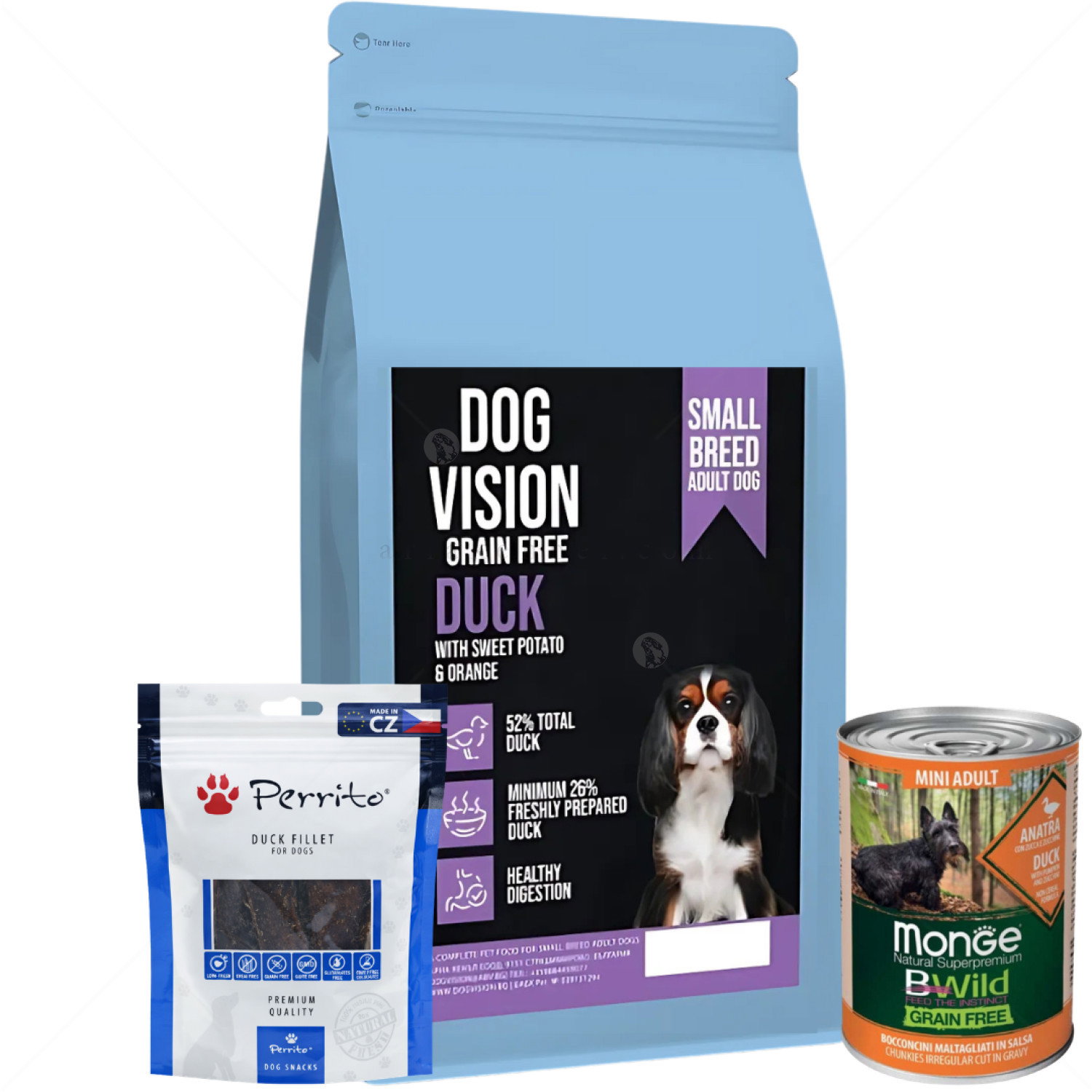 Комплект DOG VISION Adult Small Duck 2 кг + Monge Grain free Mini Adult 400 гр с патешко месо + Perrito 100 гр Филе от патешко месо