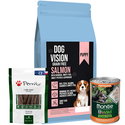 Комплект DOG VISION Puppy Salmon 2 кг. + Monge Grain free Puppy Duck 400 гр. консерва + Perrito 100 гр. Пръчици агнешко месо