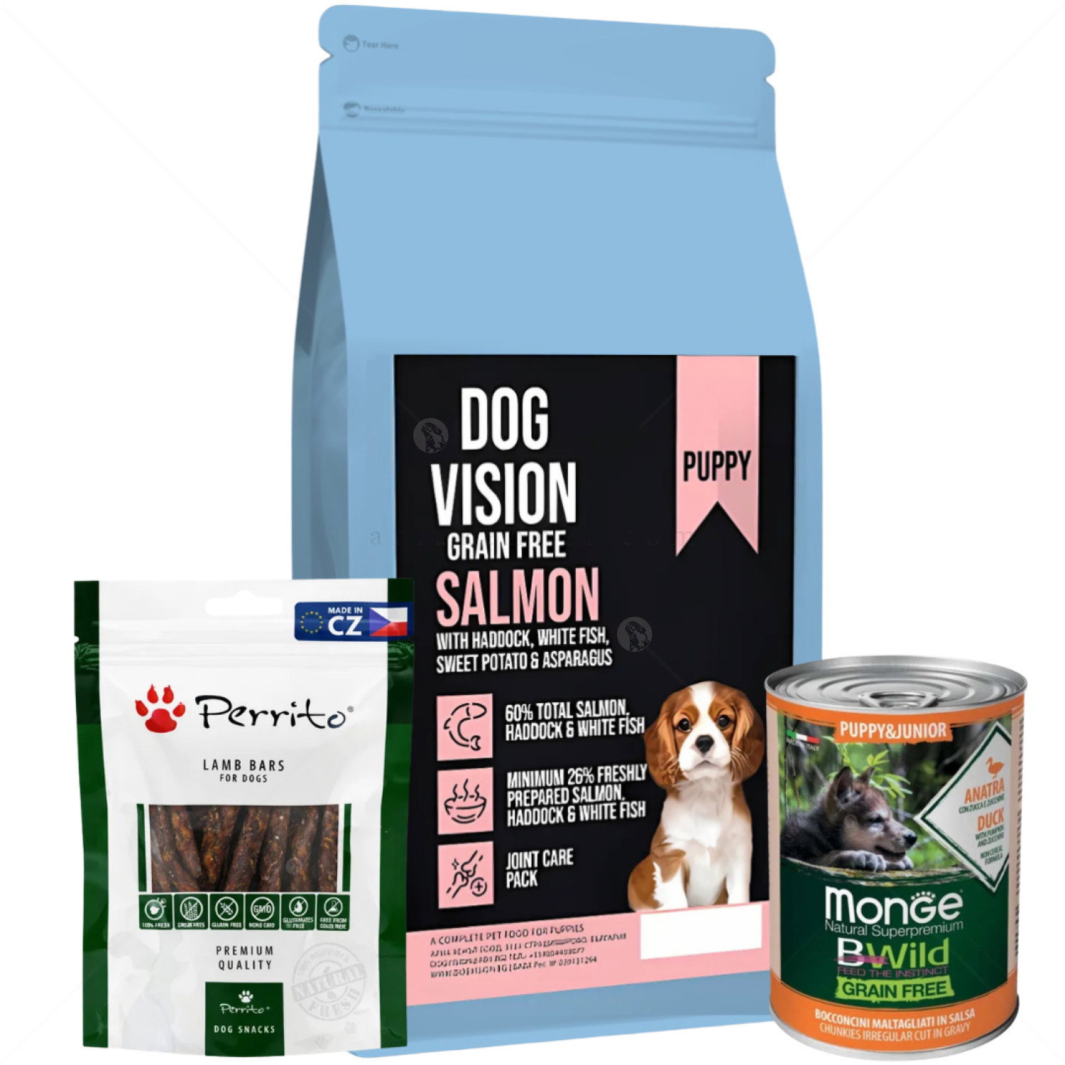 Комплект DOG VISION Puppy Salmon 2 кг. + Monge Grain free Puppy Duck 400 гр. консерва + Perrito 100 гр. Пръчици агнешко месо