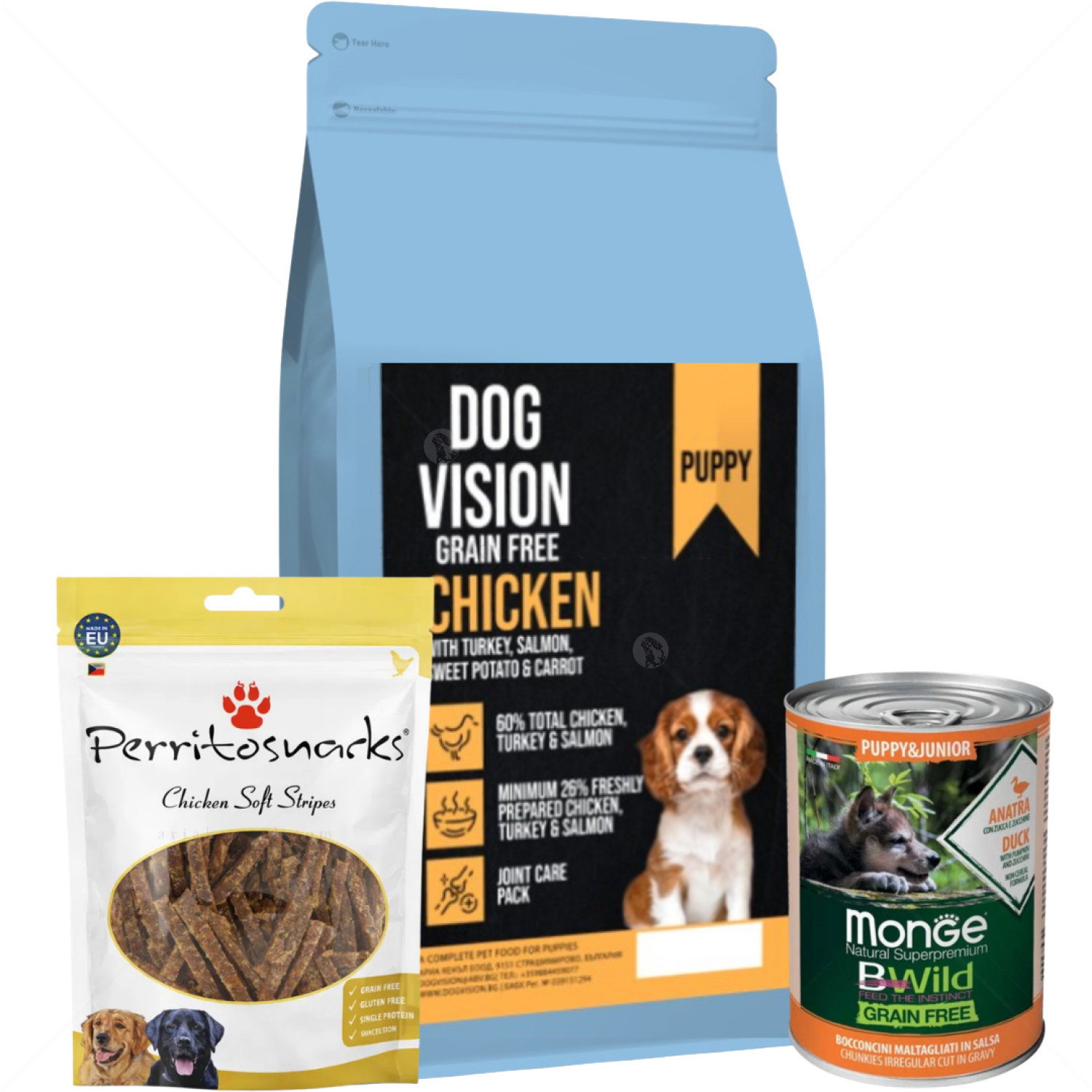 Комплект DOG VISION Puppy Chicken 2 кг. + Monge Grain free Puppy Duck 400 гр. консерва + Perrito 100 гр. Меки ленти пилешко месо