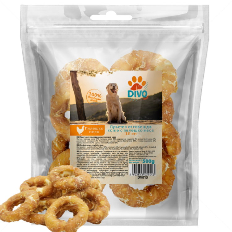 Пръстени от говежда кожа с пилешко месо DIVO, за средни и едри породи кучета