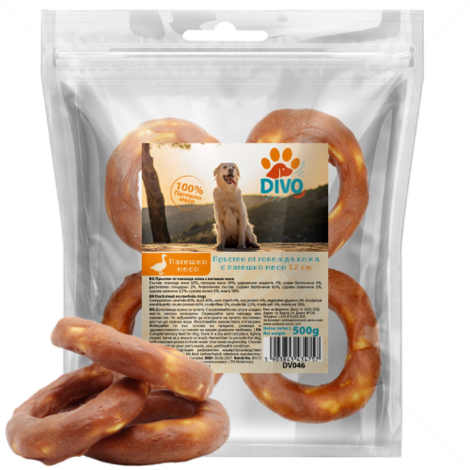 Пръстени от говежда кожа с патешко месо 12 см DIVO, за средни и едри породи кучета