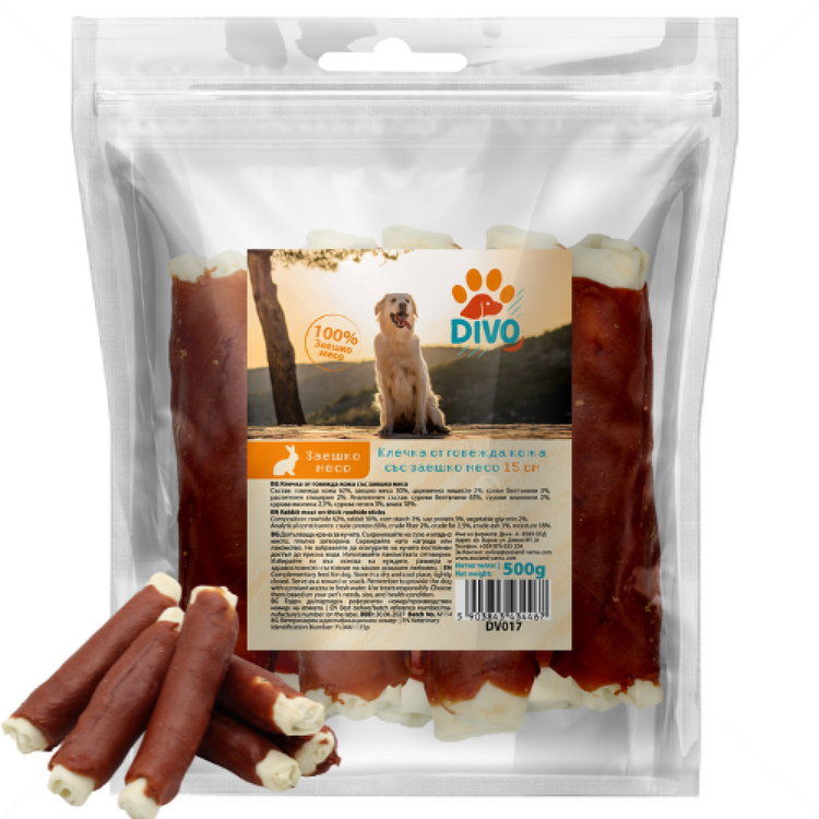Рулца от говежда кожа със заешко месо 15 см DIVO, за средни и едри породи кучета