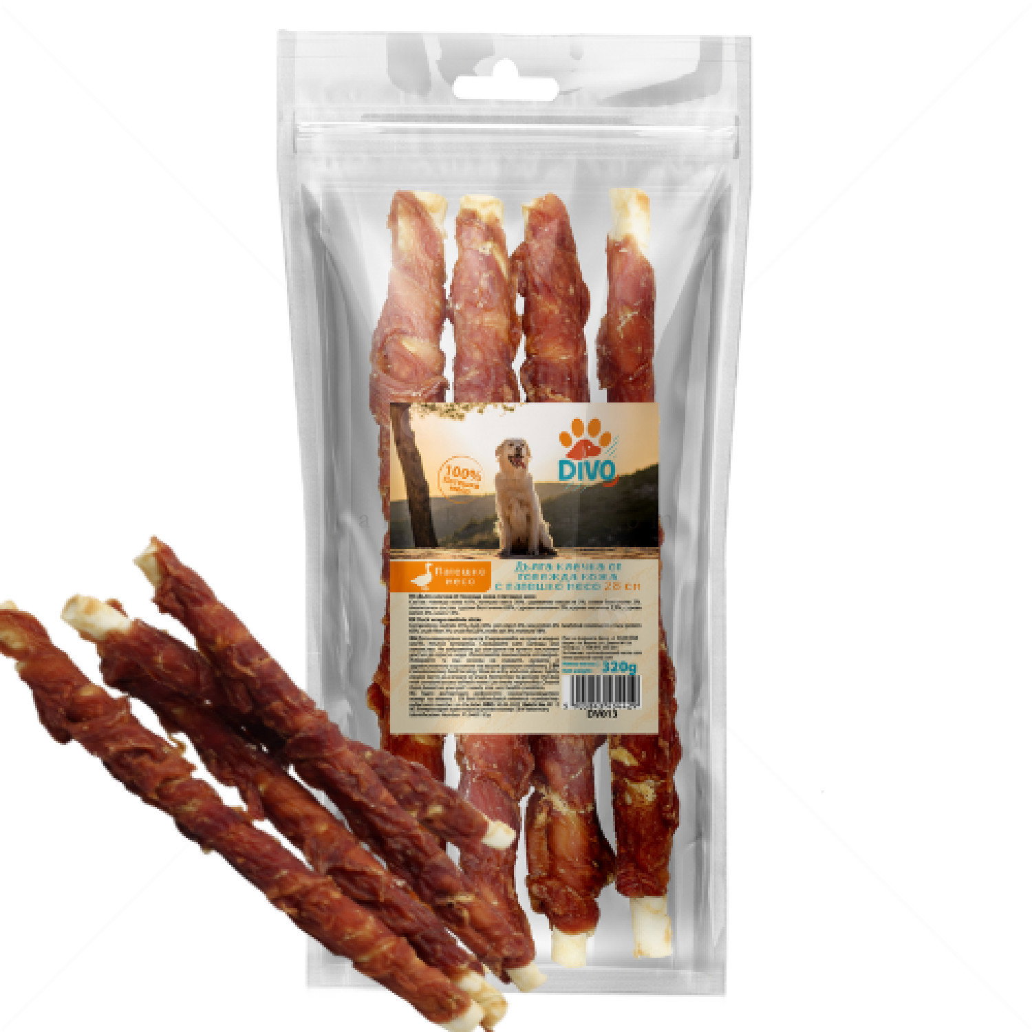 Дъвчащи пръчки от говежда кожа с патешко месо 27-28 см DIVO, за средни и едри породи кучета