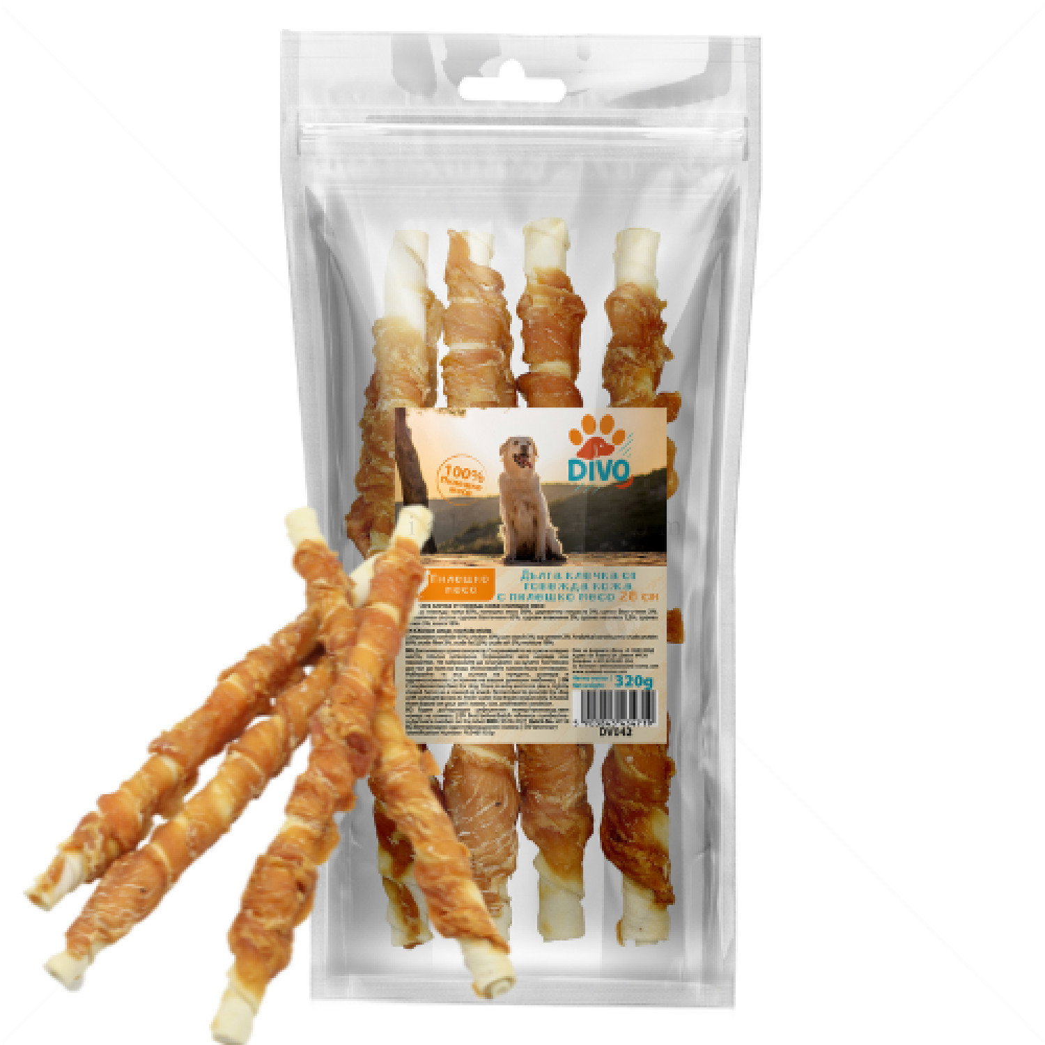 Дъвчащи пръчки от говежда кожа с пилешко месо 27-28 см DIVO, за средни и едри породи кучета