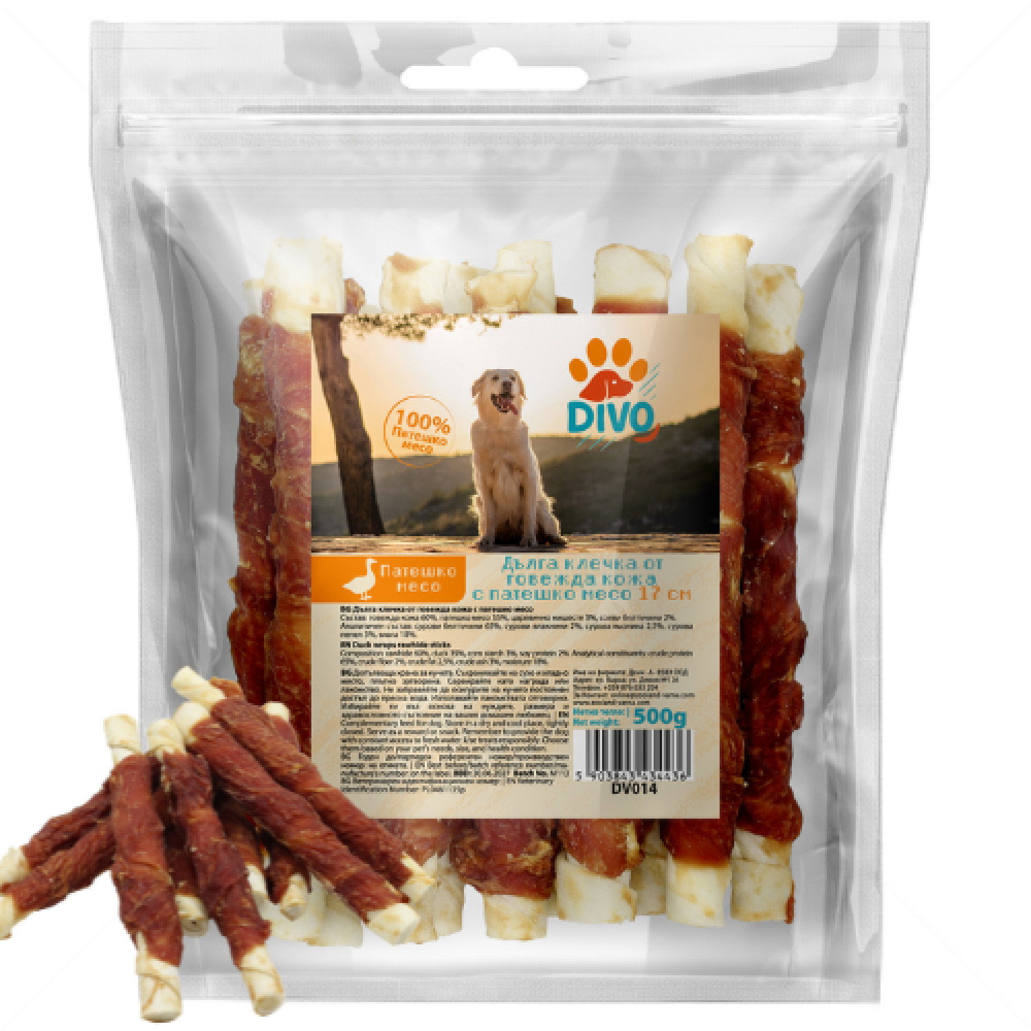 Дъвчащи пръчки от говежда кожа с патешко месо 17 см DIVO, за средни и едри породи кучета