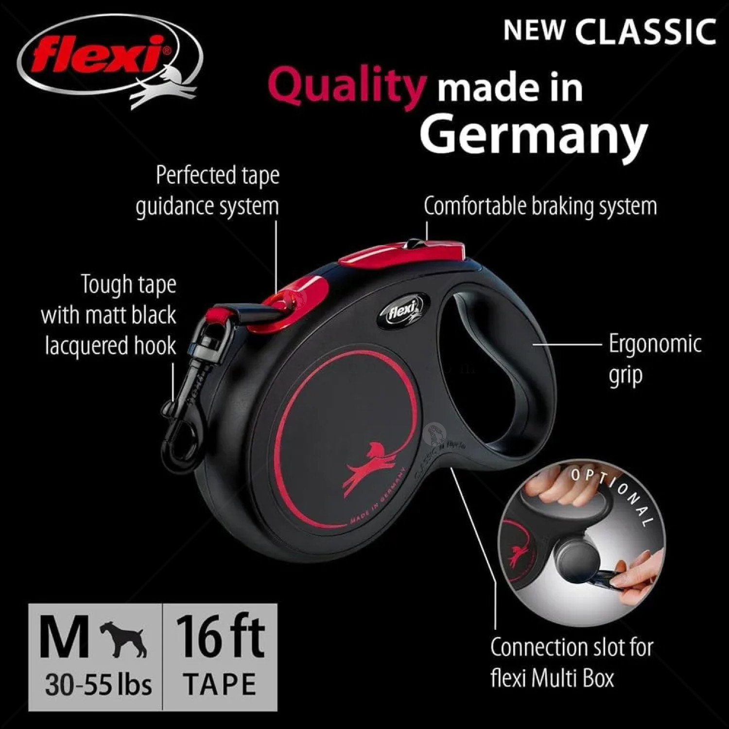 FLEXI Classic Black Fire M лента – Автоматичен повод, черен/червен