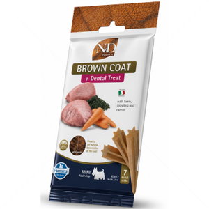Дентални пръчки за кучета с кафява козина от дребни породи N&D Brown Dog Adult Mini Dental Treat Lamb, Carrot & Spirulina