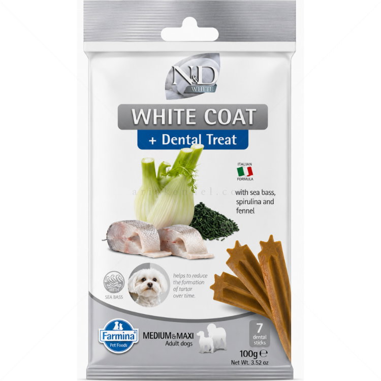 Дентални пръчки за кучета с бяла козина от средни и едри породи N&D White Dog Adult Medium&Maxi Dental Treat Sea bass & Spirulina