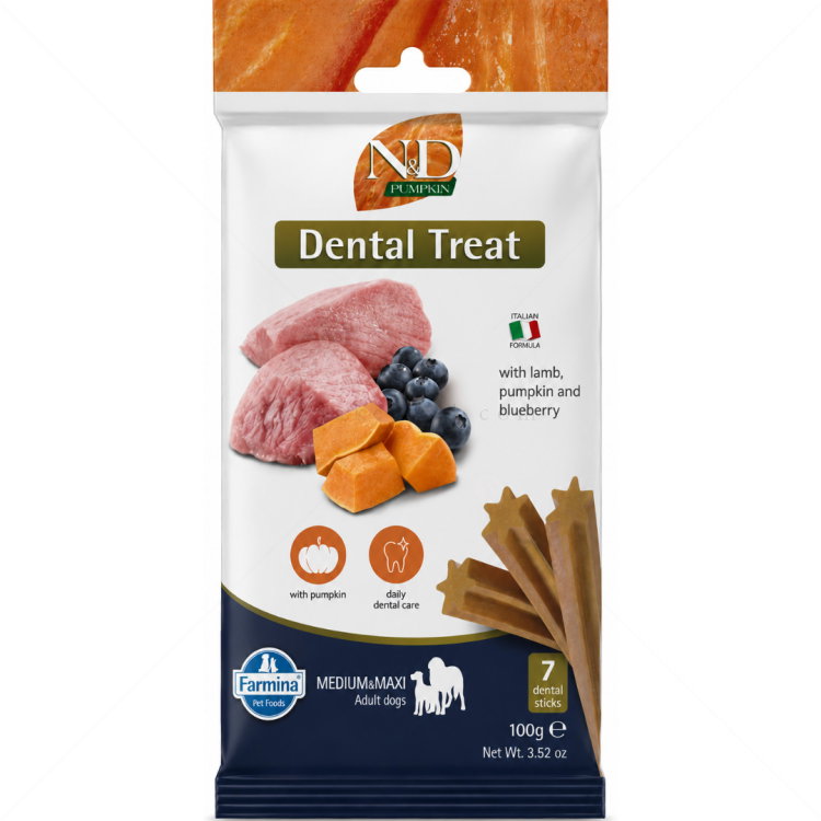 Дентални пръчки за средни и едри породи N&D Pumpkin Dog Adult Medium&Maxi Dental Treat Lamb&Blueberry