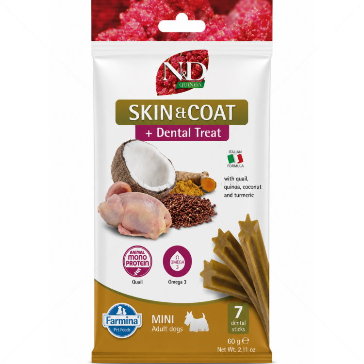 Дентални пръчки за здрава кожа и козина за кучета от дребни породи N&D Quinoa Dog Adult Mini Dental Treat Skin&Coat Quail