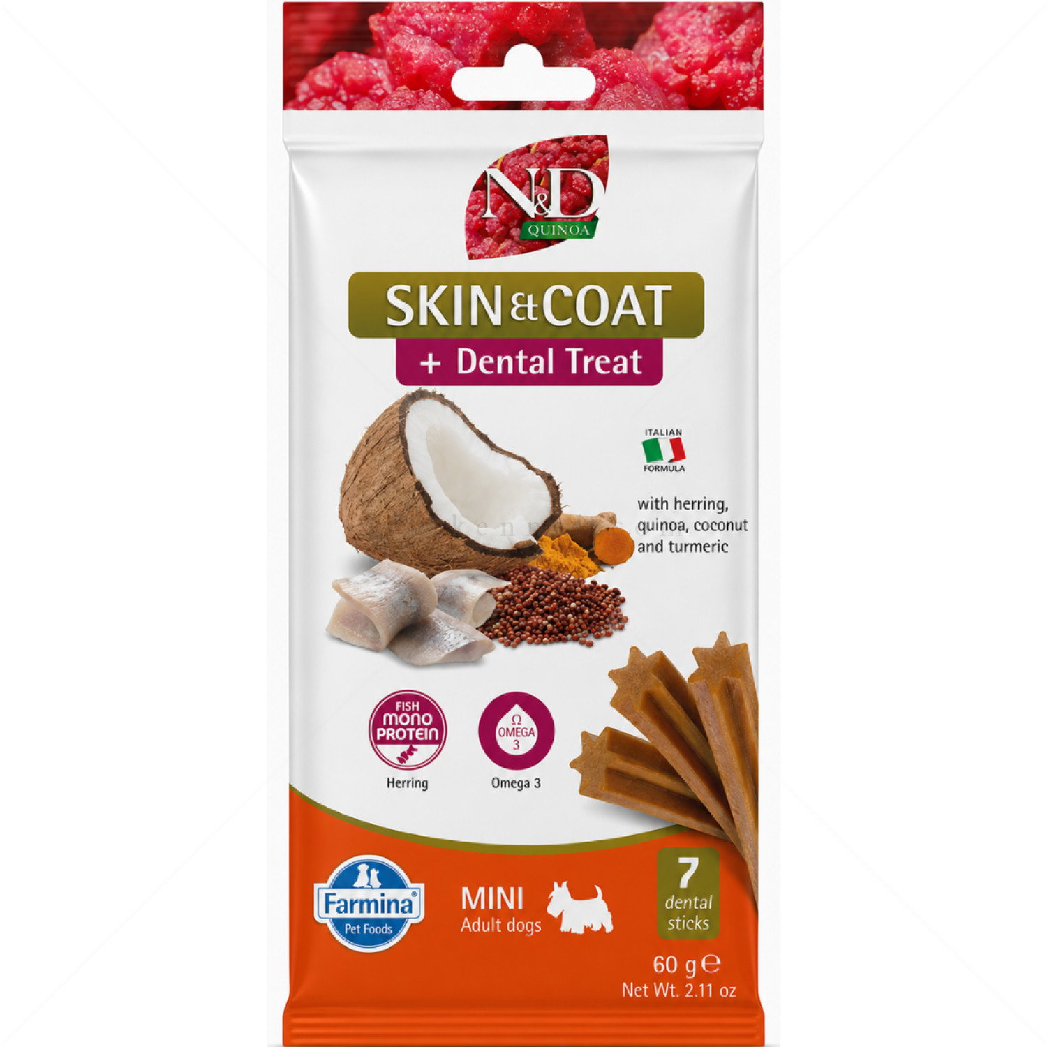 Дентални пръчки за здрава кожа и козина за кучета от дребни породи N&D Quinoa Dog Adult Mini Dental Treat Skin&Coat Herring