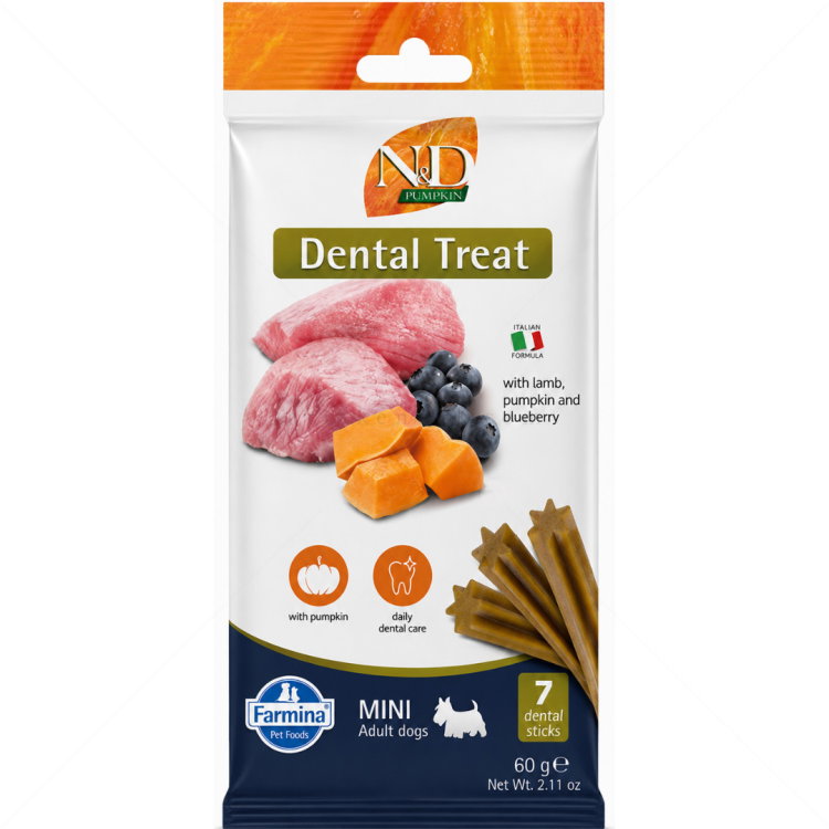 Дентални пръчки за дребни породи N&D Pumpkin Dog Adult Mini Dental Treat Lamb&Blueberry