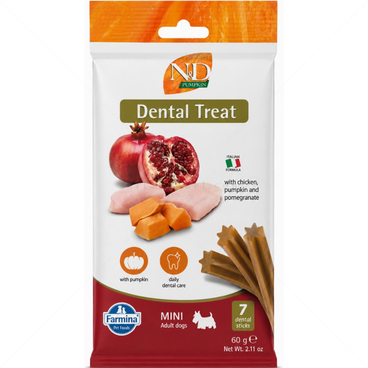 Дентални пръчки за дребни породи N&D Pumpkin Dog Adult Mini Dental Treat Chicken&Pomegranate
