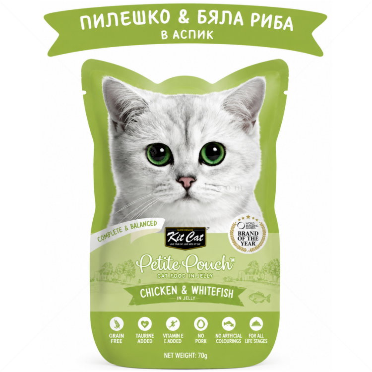 Пауч с пилешко месо и бяла риба в желе 70 гр KIT CAT Petit Pouch Chicken & Whitefish in Aspic