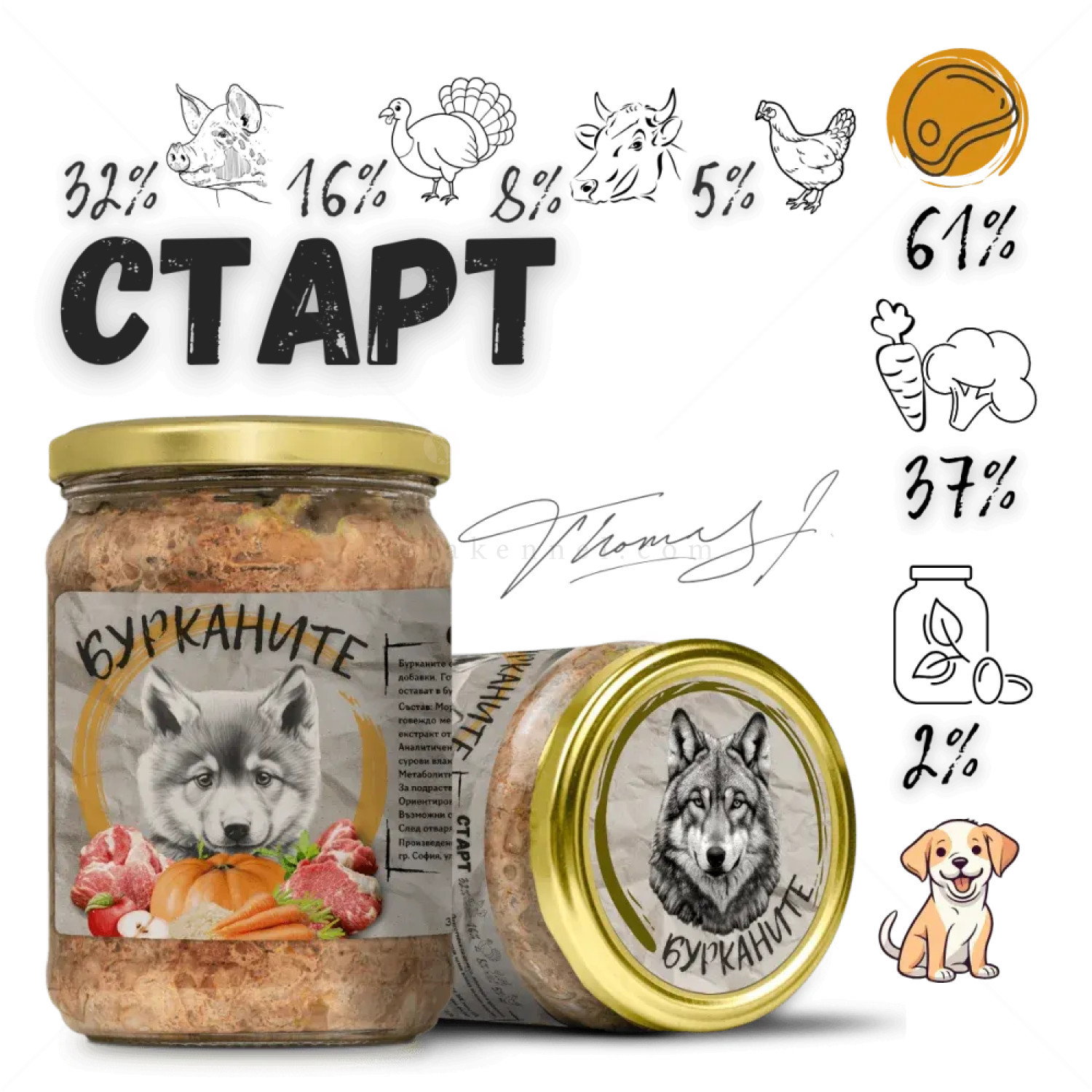 БУРКАНИТЕ Старт - Зверската храна за подрастващи кученца с пуешко, свинско месо и зеленчуци
