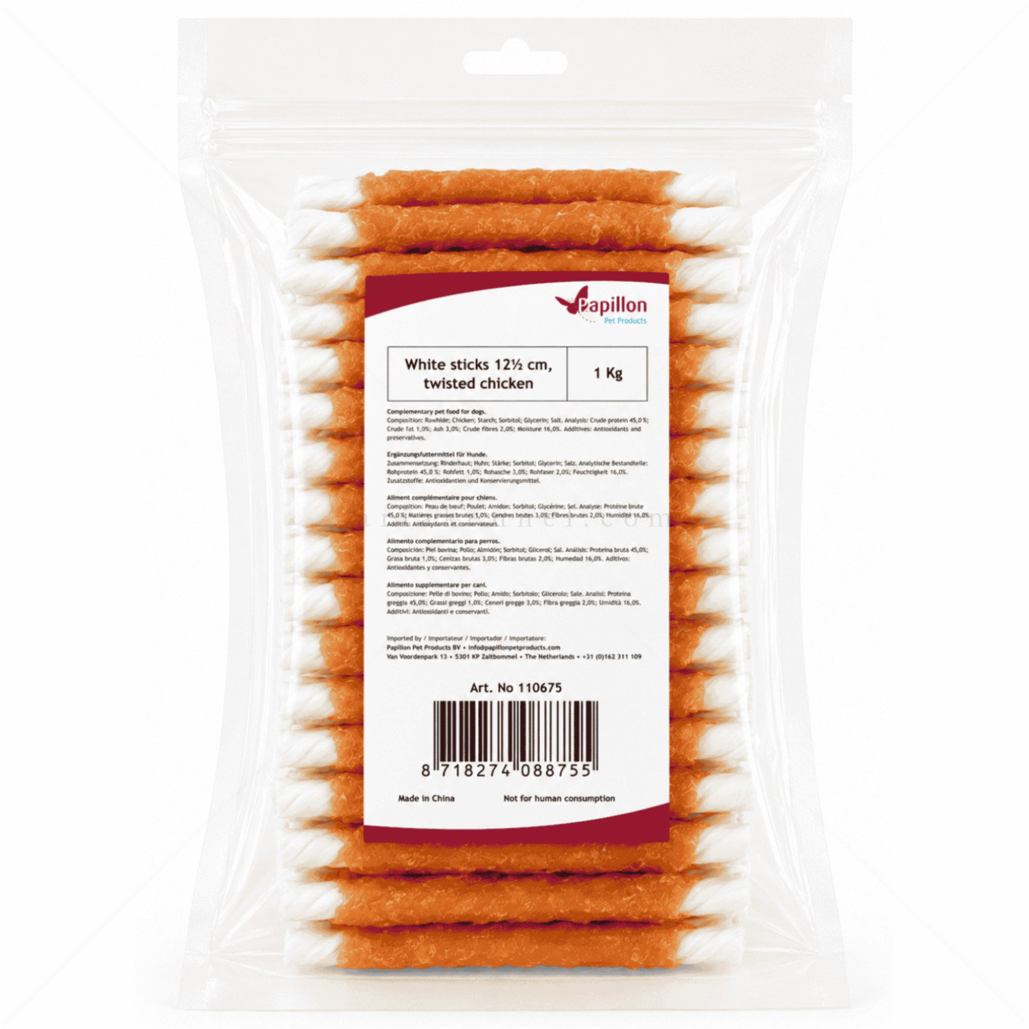 Бели кожени солети, обвити с пилешко месо 1 кг PAPILLON White sticks twisted chicken
