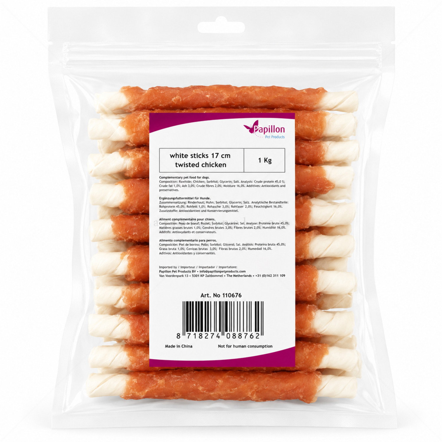 Бели кожени солети, обвити с пилешко месо 1 кг PAPILLON White sticks twisted chicken