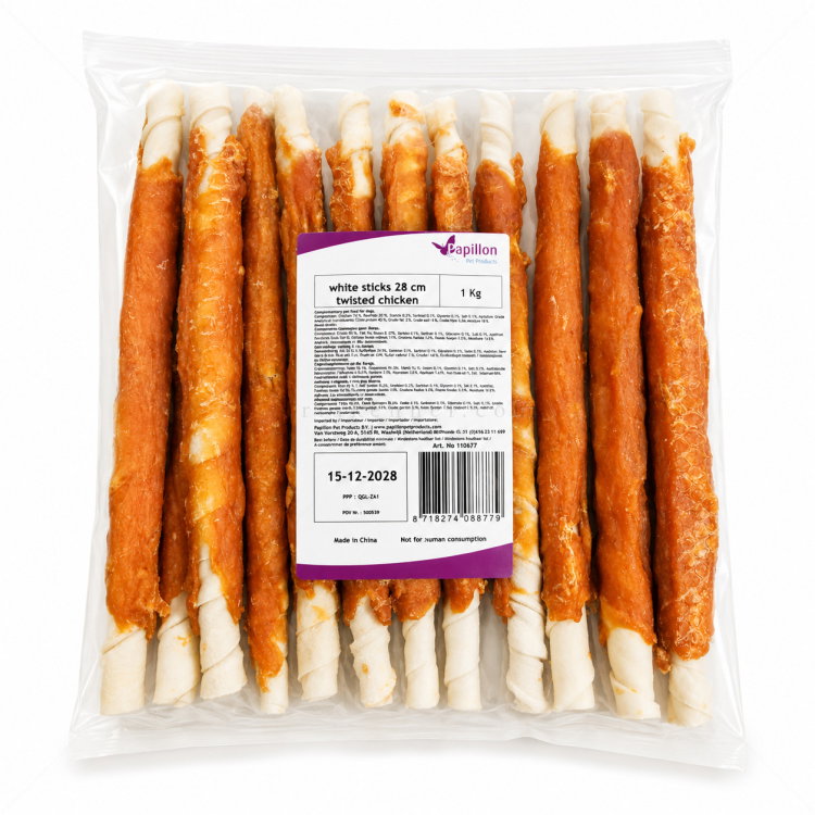 Бели кожени солети, обвити с пилешко месо 1 кг PAPILLON White sticks twisted chicken