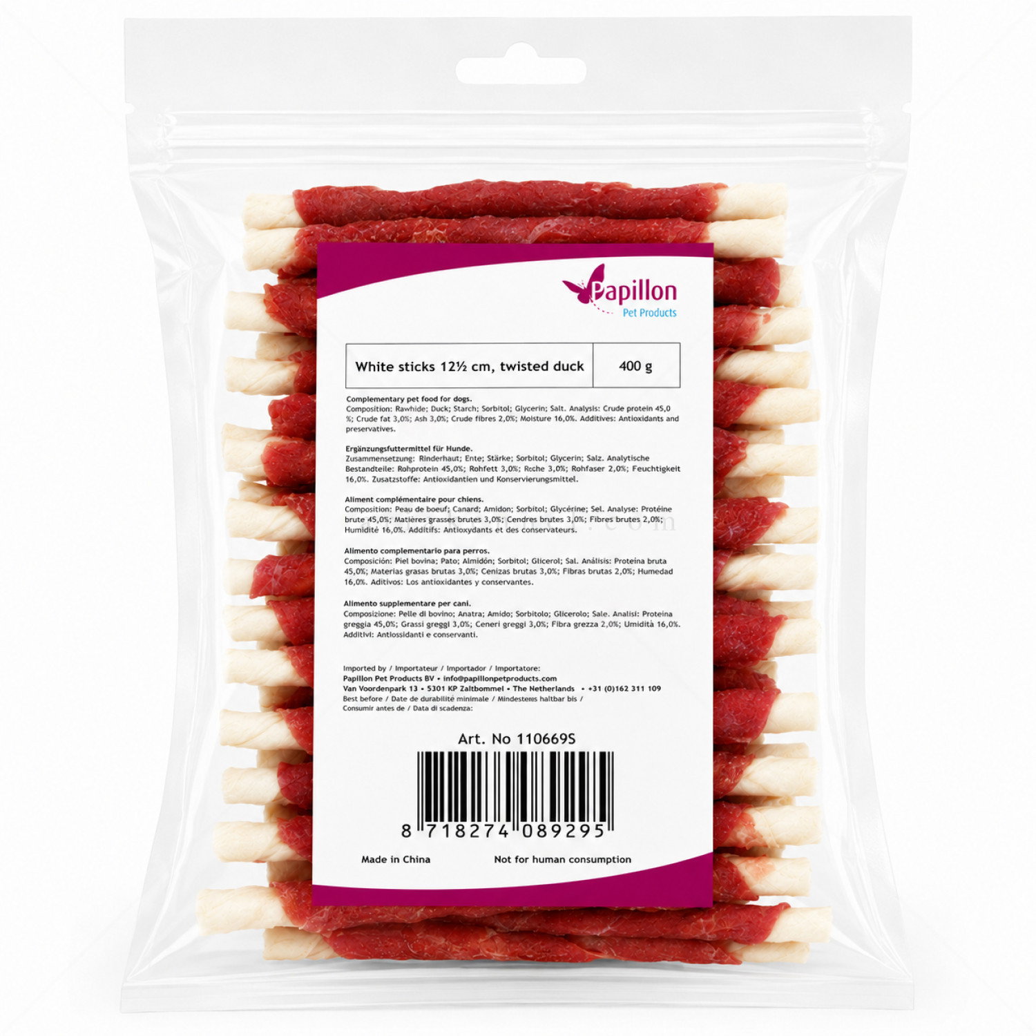 Бели кожени солети, обвити с патешко месо 400 гр PAPILLON White sticks twisted duck