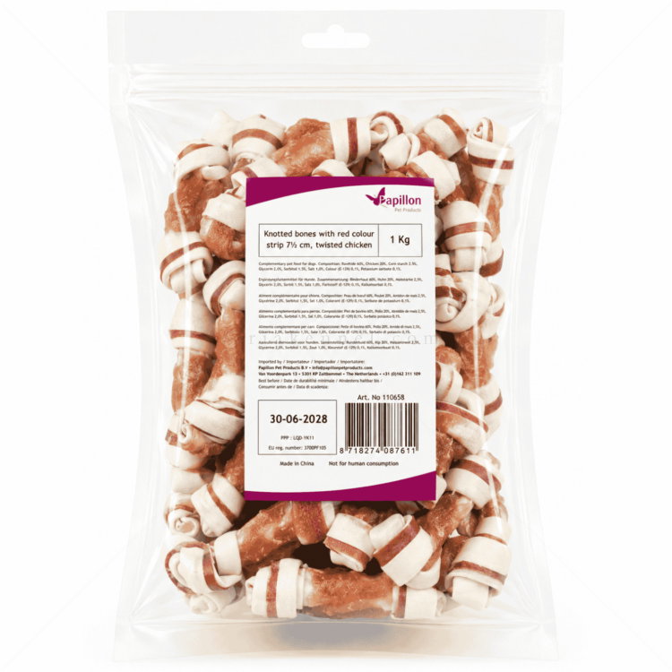 Вързани бели кокалчета с пилешко месо 1 кг PAPILLON Knotted bones with red colour strip and twisted chicken