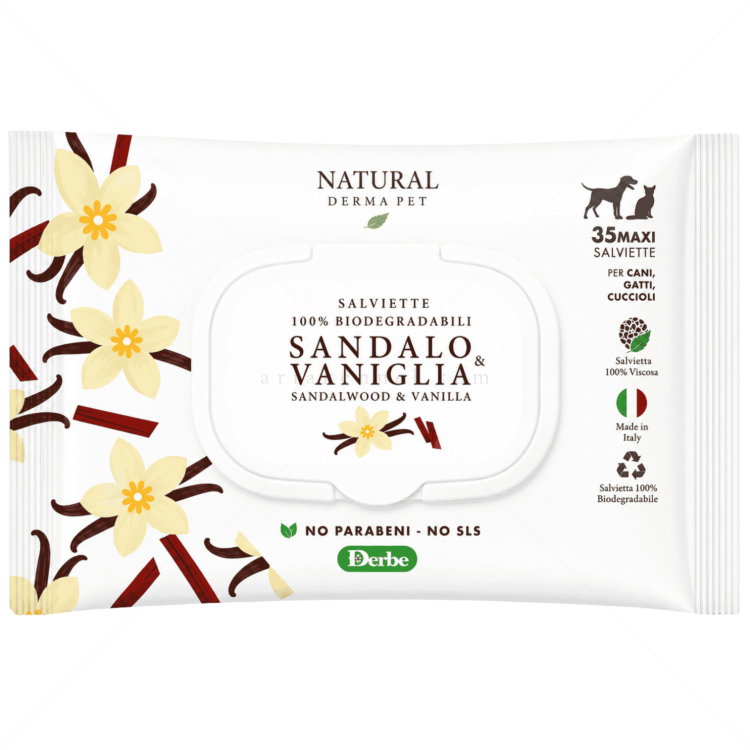 Мокри кърпи с аромат на сандалово дърво и ванилия NATURAL DERMA PET Sandalo & Vaniglia Salviette
