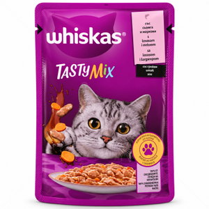 Пауч със сьомга и моркови в сос грейви 85 гр WHISKAS Tasty Mix Adult Salmon & Carrots