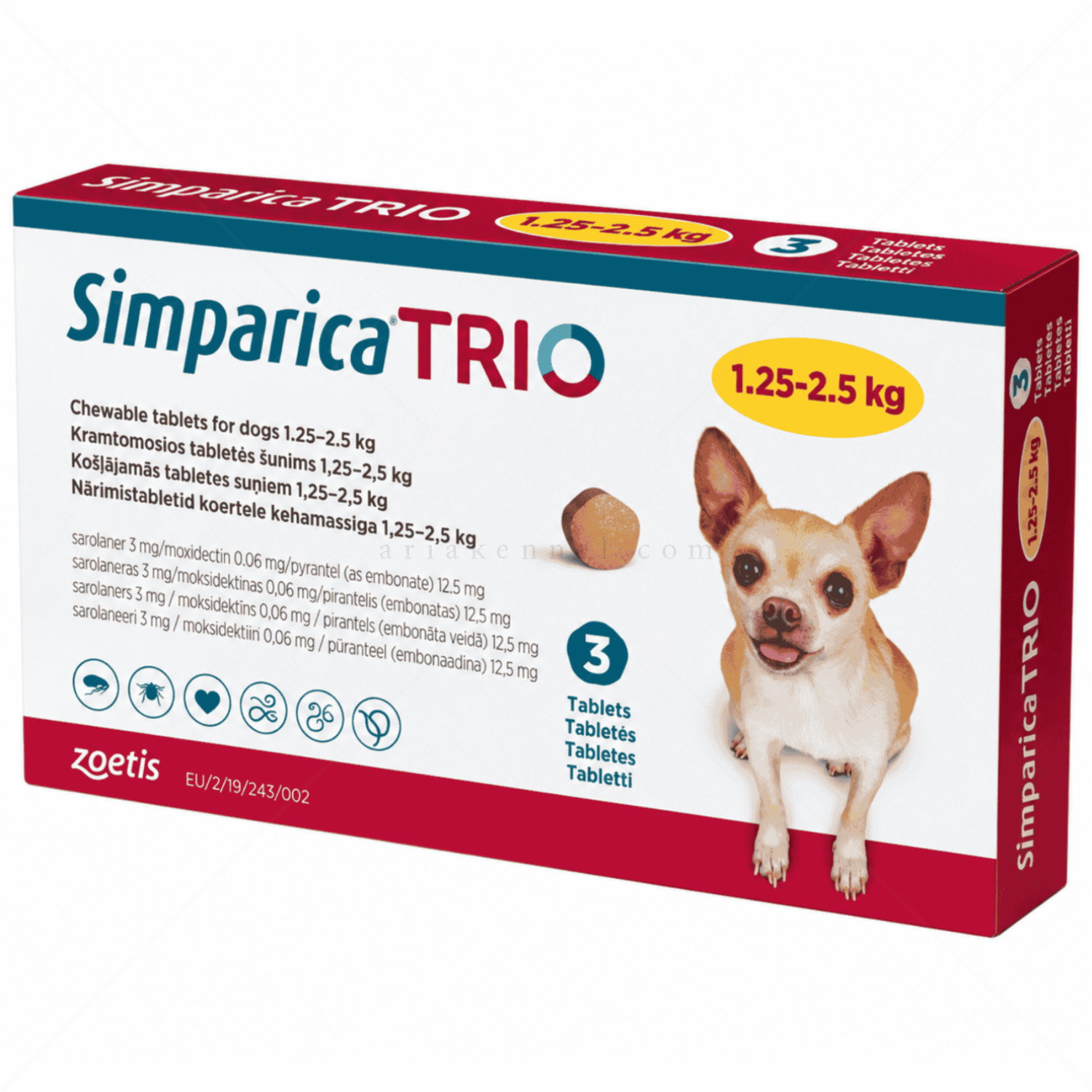 Комбинирани таблетки за вътрешно и външно обезпаразитяване SIMPARICA TRIO 3x3 mg