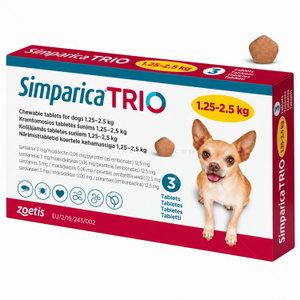 Комбинирана таблетка за вътрешно и външно обезпаразитяване SIMPARICA TRIO 1x3 mg