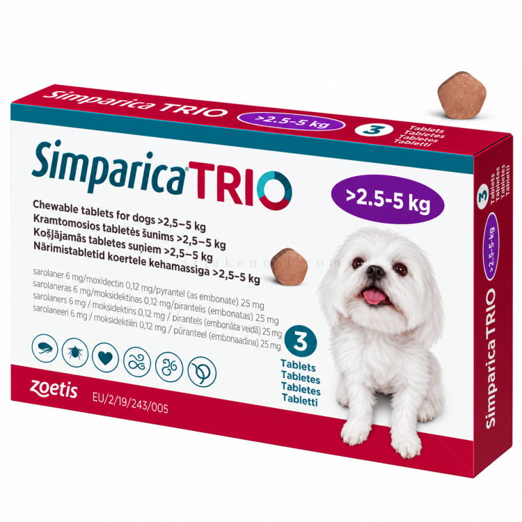 Комбинирана таблетка за вътрешно и външно обезпаразитяване SIMPARICA TRIO 1x6 mg