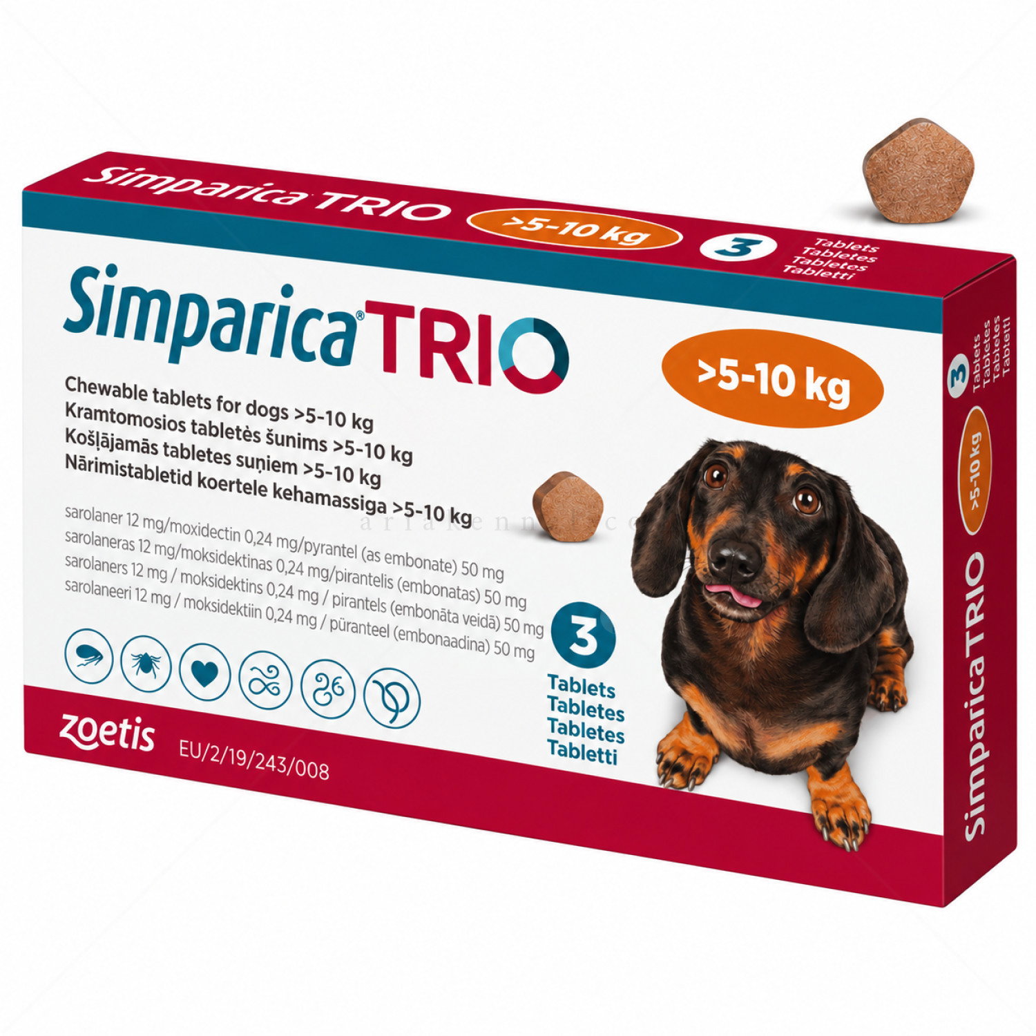 Комбинирана таблетка за вътрешно и външно обезпаразитяване SIMPARICA TRIO 1x12 mg