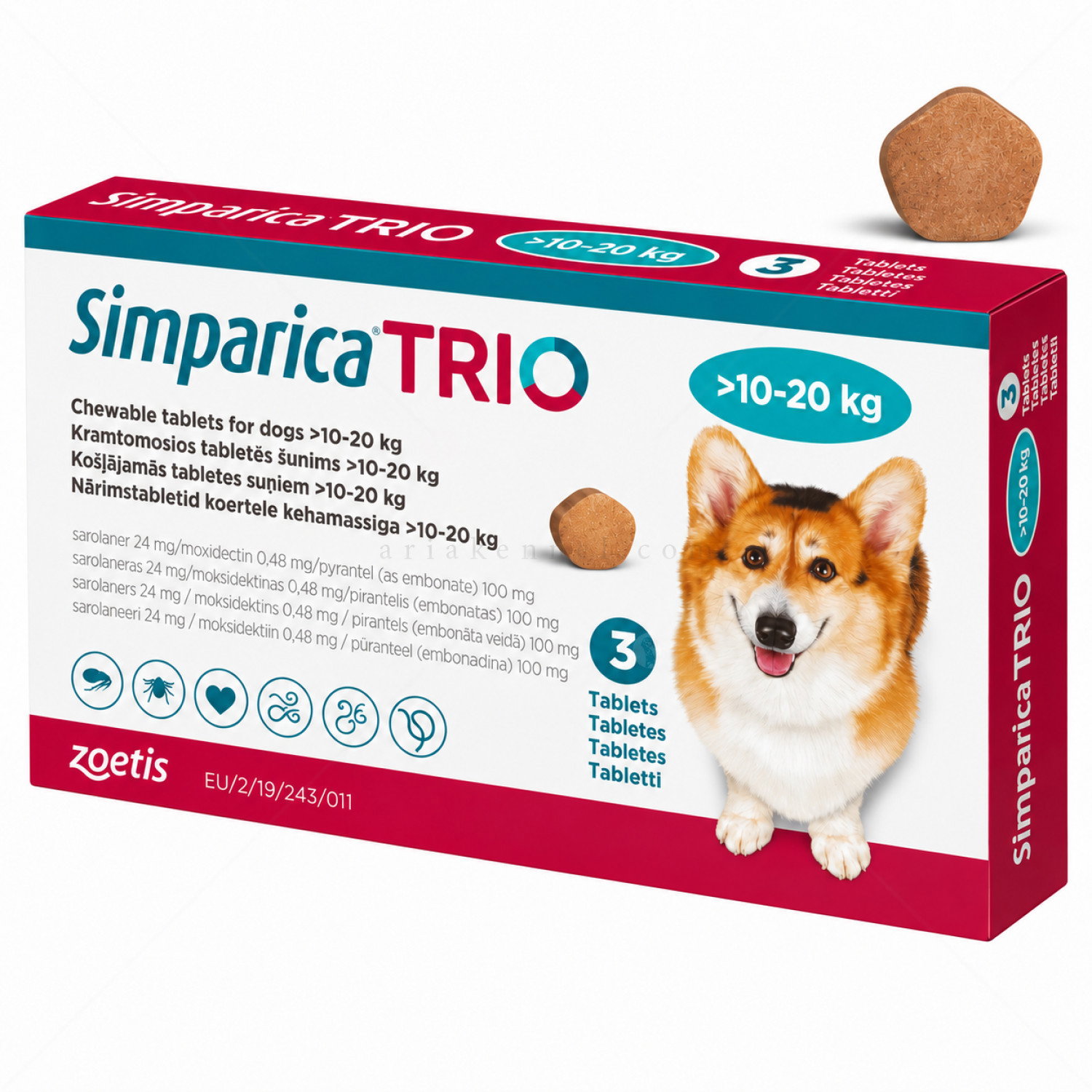 Комбинирана таблетка за вътрешно и външно обезпаразитяване SIMPARICA TRIO 1x24 mg