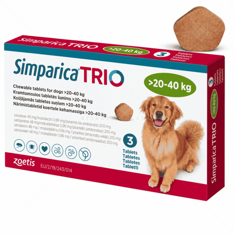 Комбинирана таблетка за вътрешно и външно обезпаразитяване SIMPARICA TRIO 1x48 mg