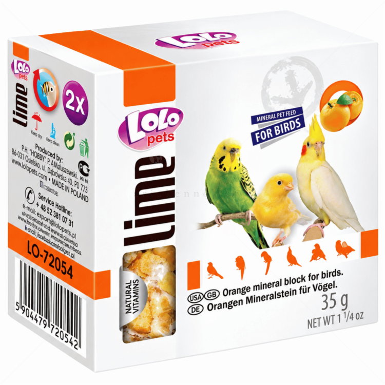 Минерални блокчета с портокал за малки и средни птици LOLO PETS, 35 гр - срок на годност: 27.11.2026 г.