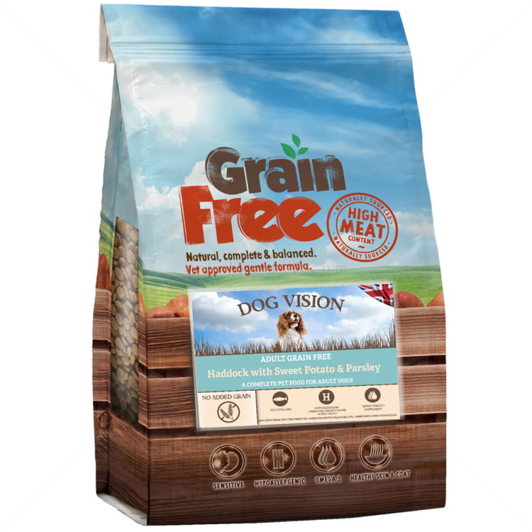 Комплект DOG VISION Adult Haddock 2 кг + Monge Grain free Adult 400 гр със сьомга + Perrito 100 гр Чипс от риба