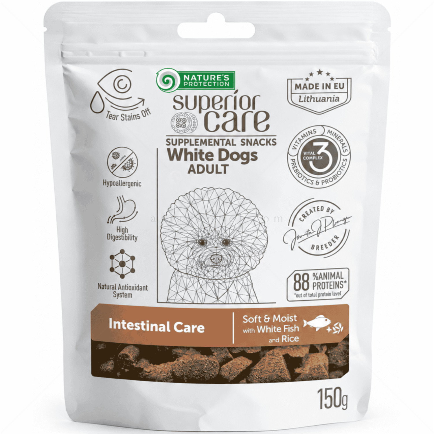 Лакомства за здрава храносмилателна система за бели кучета NATURE'S PROTECTION Superior Care Snack White Dog Intestinal Health, White Fish & Rice