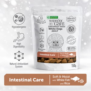 Лакомства за здрава храносмилателна система за бели кучета NATURE'S PROTECTION Superior Care Snack White Dog Intestinal Health, White Fish & Rice