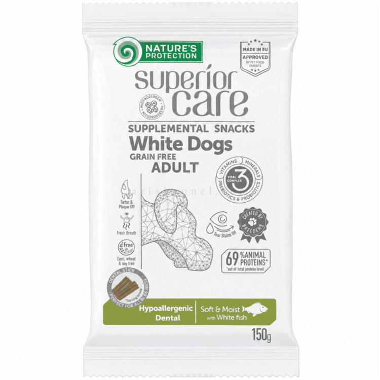 Хипоалергенни дентални пръчки за бели кучета NATURE'S PROTECTION Superior Care Snack White Dog Hypoallergenic Dental, with White Fish