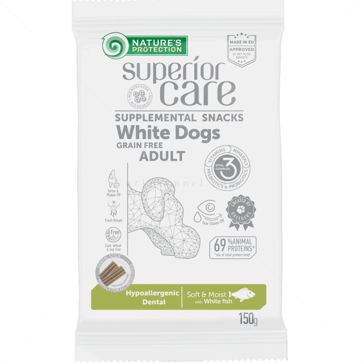 Хипоалергенни дентални пръчки за бели кучета NATURE'S PROTECTION Superior Care Snack White Dog Hypoallergenic Dental, with White Fish