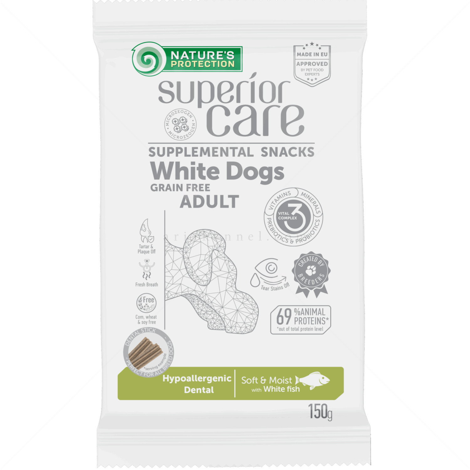 Хипоалергенни дентални пръчки за бели кучета NATURE'S PROTECTION Superior Care Snack White Dog Hypoallergenic Dental, with White Fish