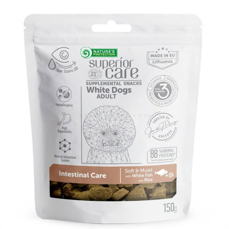 Лакомства за здрава храносмилателна система за бели кучета NATURE'S PROTECTION Superior Care Snack White Dog Intestinal Health, White Fish & Rice