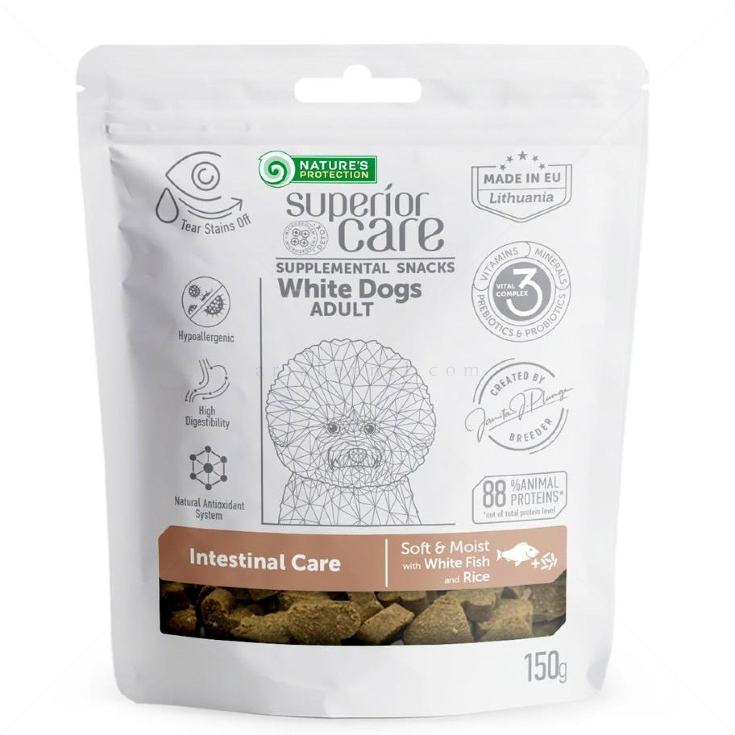 Лакомства за здрава храносмилателна система за бели кучета NATURE'S PROTECTION Superior Care Snack White Dog Intestinal Health, White Fish & Rice