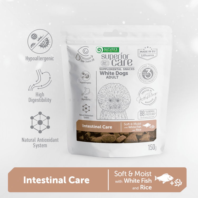 Лакомства за здрава храносмилателна система за бели кучета NATURE'S PROTECTION Superior Care Snack White Dog Intestinal Health, White Fish & Rice