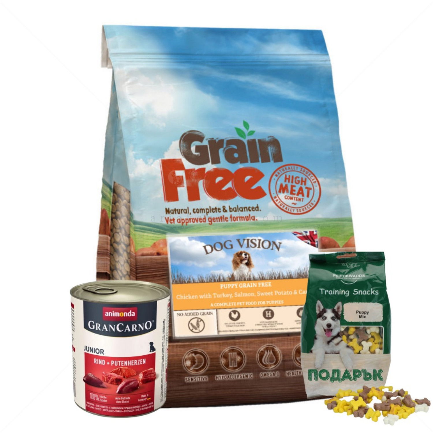 Комплект DOG VISION Puppy Chicken 2 кг. + GranCarno Junior 400 гр. Rind & Putenherzen + подарък PET REWARDS Puppy mix, 400 гр. кокалчета за обучение